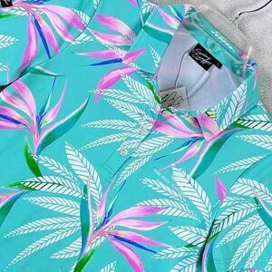 Sunday Swagger Bali Polo Shirt Womens L Blue Pink Floral Preppy Performance Golf